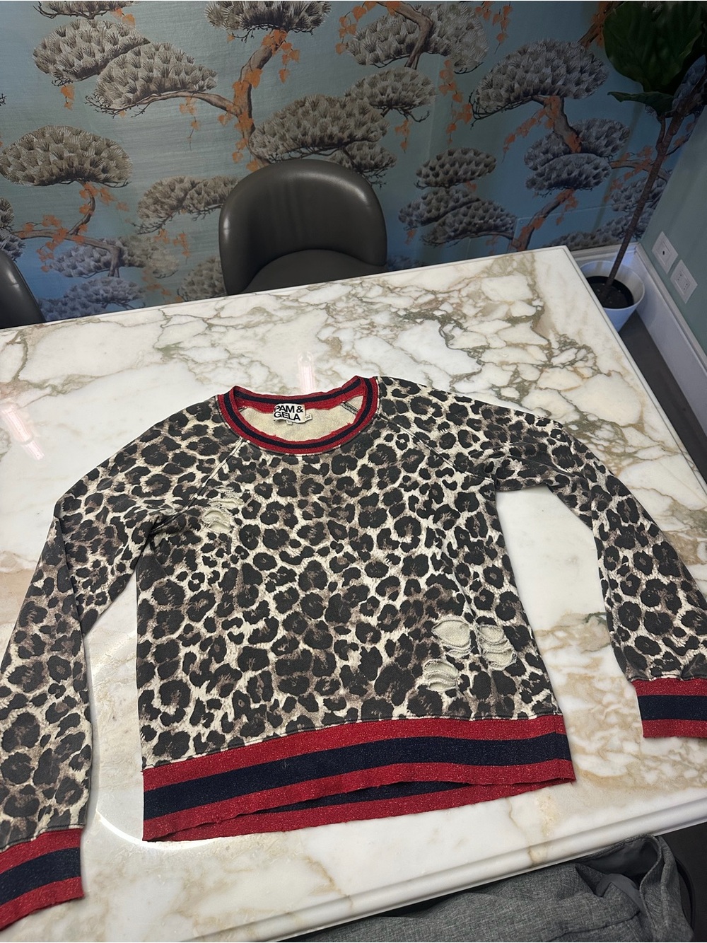 Pam & Gela Women’s Leopard Print Crewneck Sweater with Red and Black Trim